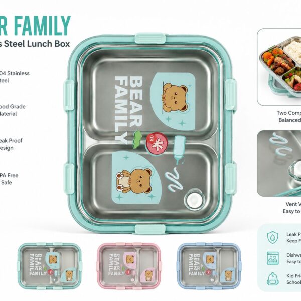 Bear Family Stainless Steel Lunch Box - 2 Compartments