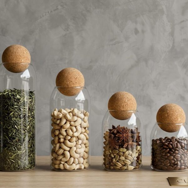 Glass Storage Jars with Cork Ball Lid Set of 4 Sizes