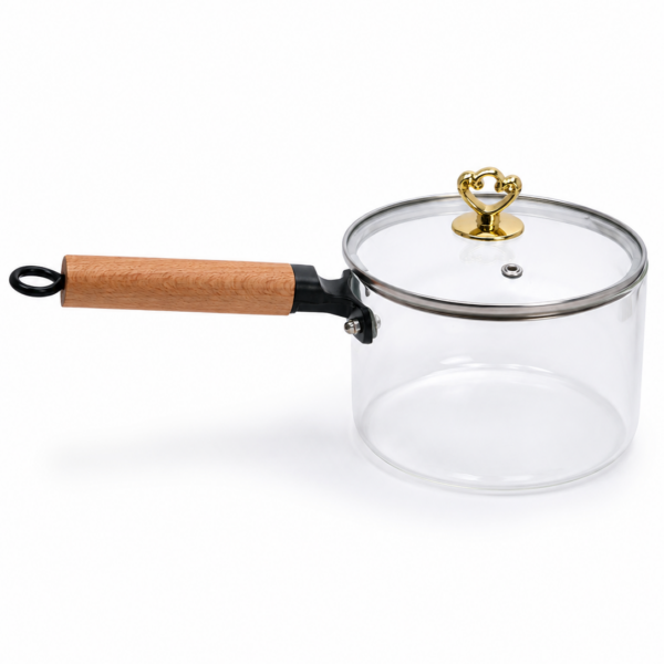 Glass Chai Pan with Wood Handle - Gold Heart Lid