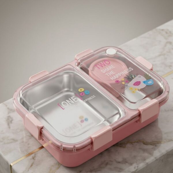 2-Compartment Steel Lunch Box with Sauce Cup