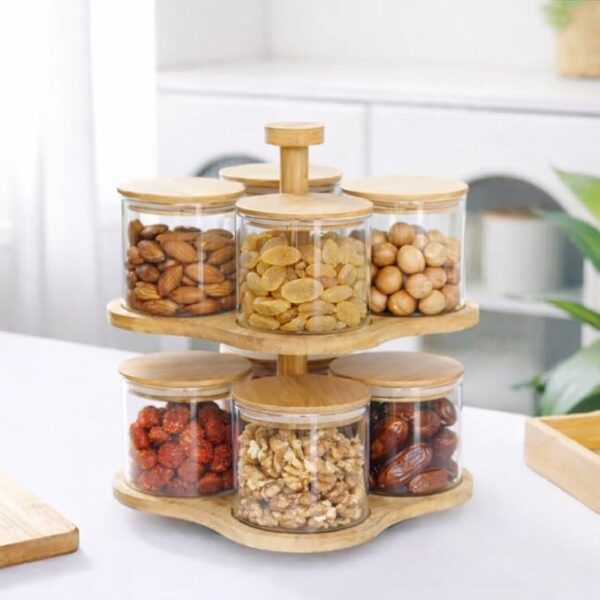 Rotating Glass Jar Set with Wooden Stand