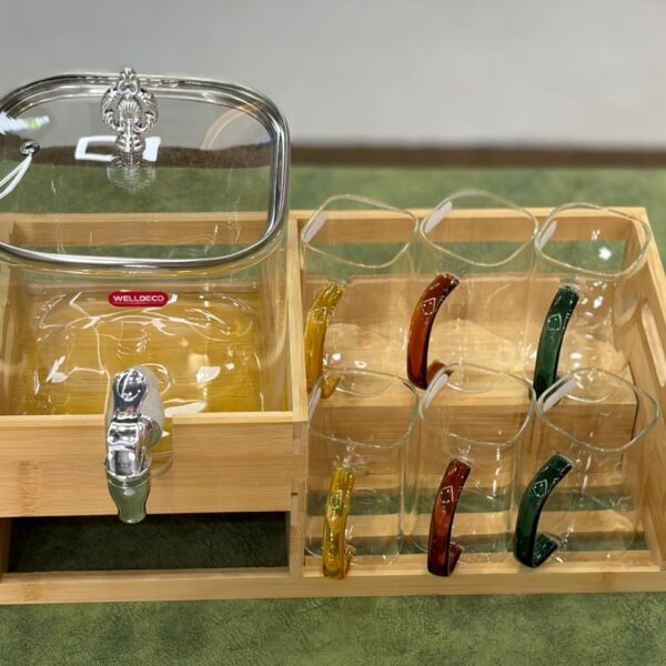 Glass Juice Dispenser with Bamboo Stand and Matching Glasses