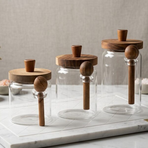 Glass Storage Jars with Wood Lid & Spoon - Set of 3