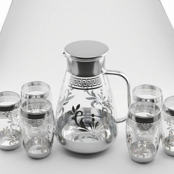 7-Piece Glass Jug & Glass Set with Silver Print