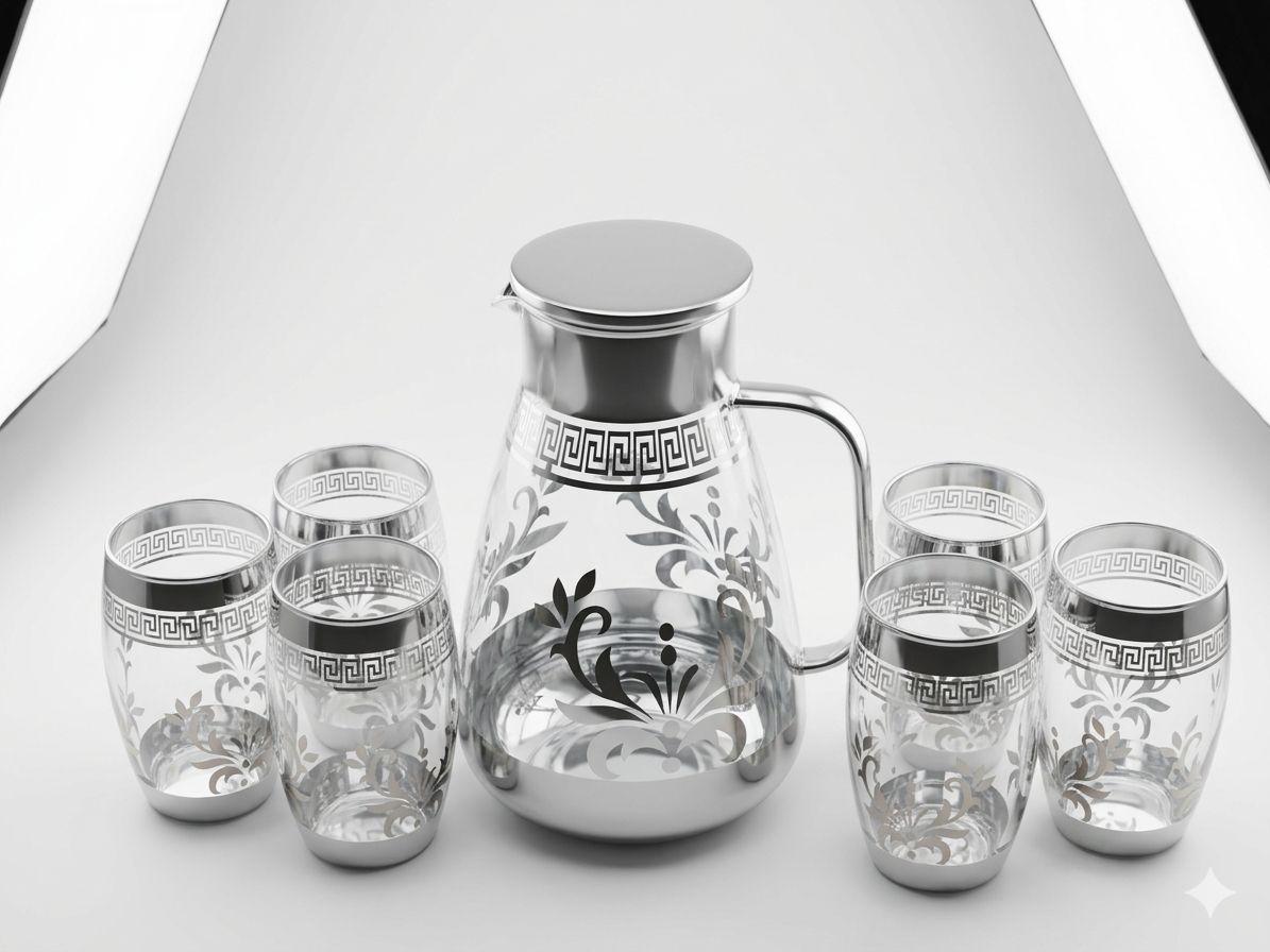 0f62f3fc-7ee9-4213-9be4-dd9fe9847242 7-Piece Glass Jug & Glass Set with Silver Print - Image 1