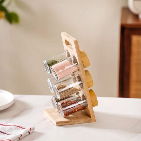 Bamboo Spice Rack with 6 Glass Jars