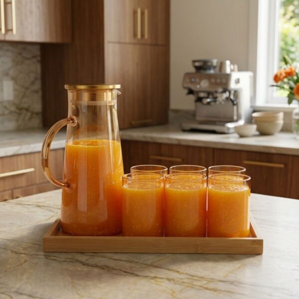 Glass Pitcher + 6 Glass Set with Bamboo Tray