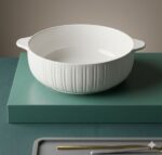 White Ribbed Ceramic Serving Bowl with Handle ( 11 Inch ) - Image 3