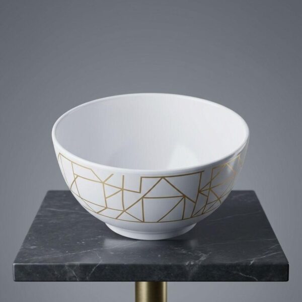 White Melamine Serving Bowl with Gold Geometric Design