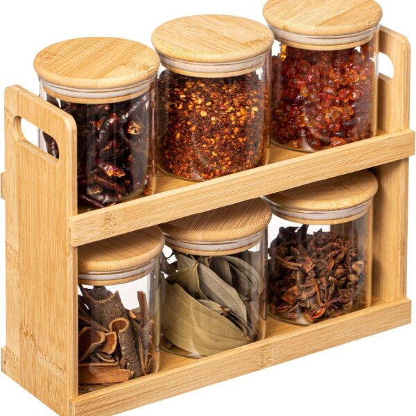 2-Tier Bamboo Spice Rack and Pantry Organizer with 6 Glass Jars