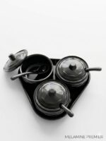 3-Piece Black Melamine Condiment Set with Tray & Spoons (Black & White) - Image 4