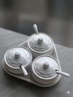 3-Piece Black Melamine Condiment Set with Tray & Spoons (Black & White) - Image 3