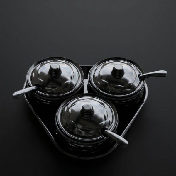 3-Piece Black Melamine Condiment Set with Tray & Spoons (Black & White)