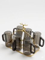 6-Piece Smoked Glass Mug Set with Deer Stand - Image 7