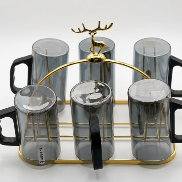 6-Piece Smoked Glass Mug Set with Deer Stand
