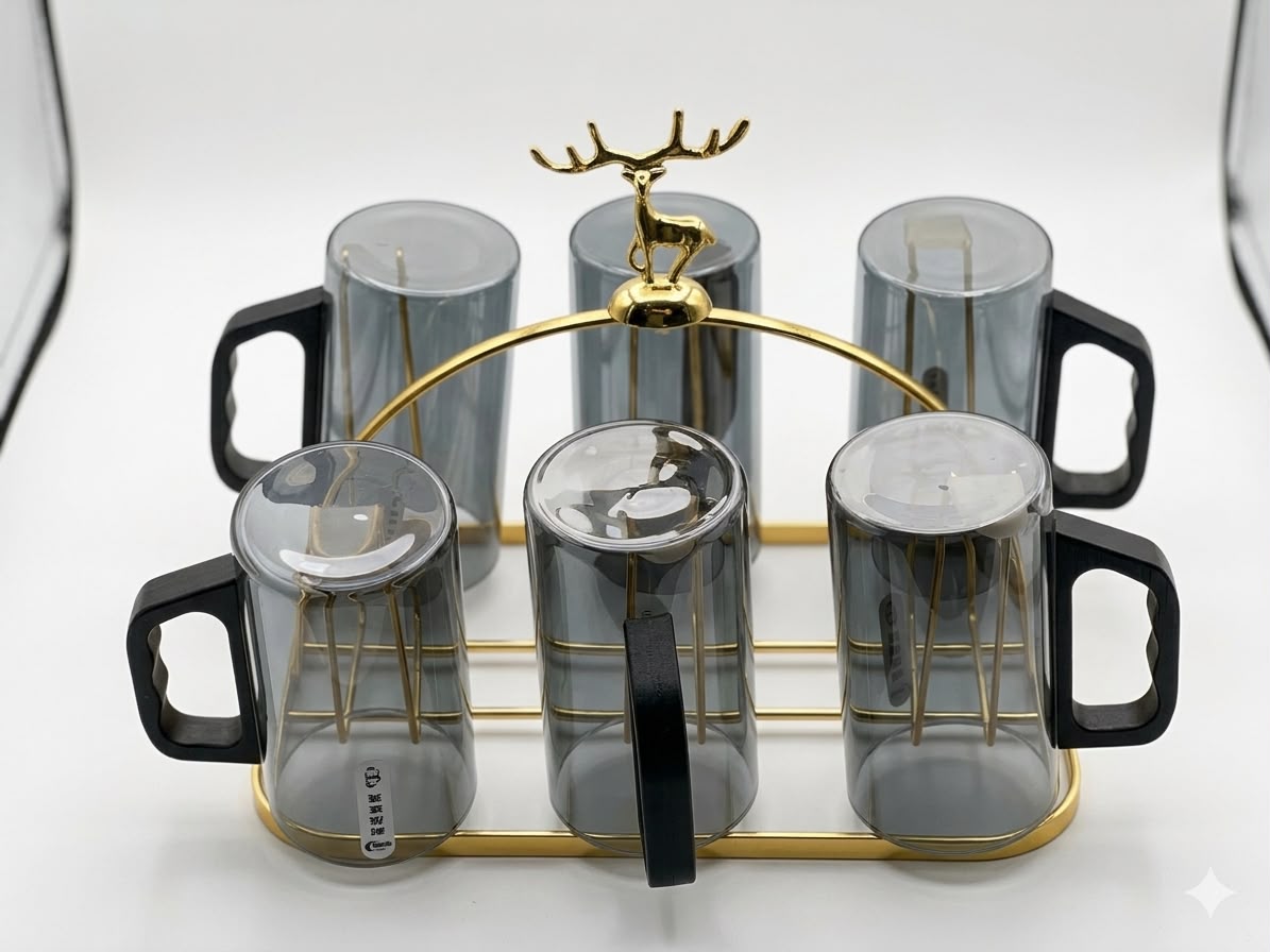 d1bf13ca-9c48-497e-a8fa-17bbd1632766 (1) 6-Piece Smoked Glass Mug Set with Deer Stand - Image 1