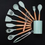 12 Pcs Silicone Kitchen Tool Set with Wooden Handles - Image 4