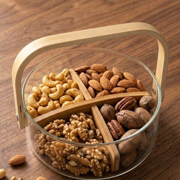 Glass Fruit Bowl, Basket with Wooden Handle and Divider