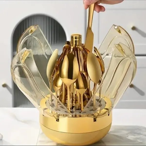 Luxury 24-Piece Gold Cutlery Set with Rotating Dustproof Storage Dome