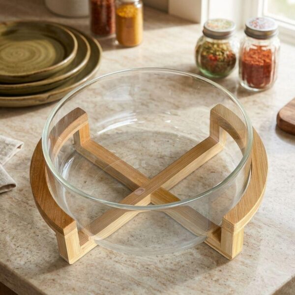 Premium Glass Fruit Bowl with Natural Bamboo Stand