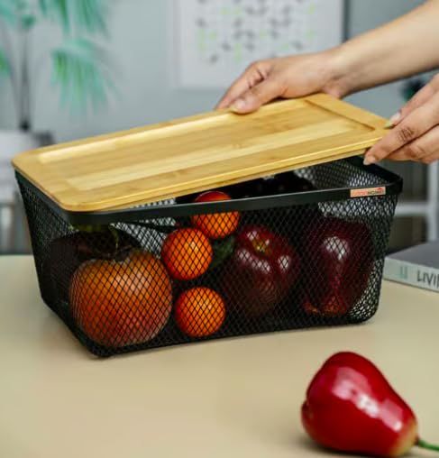 518nLS4BKxL Metal Fruit Basket with Wooden Lid - Image 1