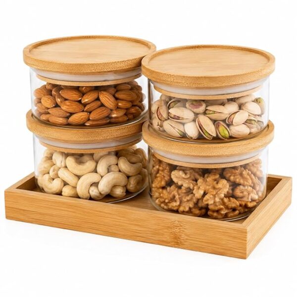 Set of 4 Stackable Glass Jars with Bamboo Tray