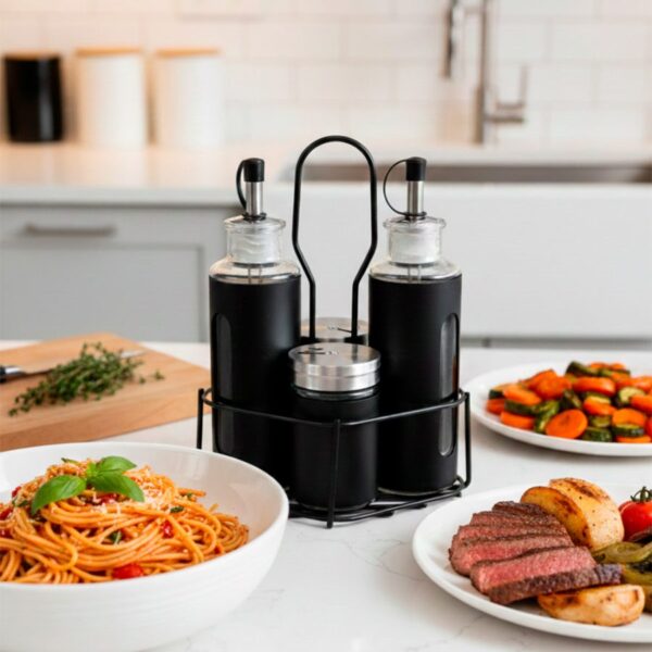 Black Oil & Salt Pepper Set - 4 Pcs with Stand