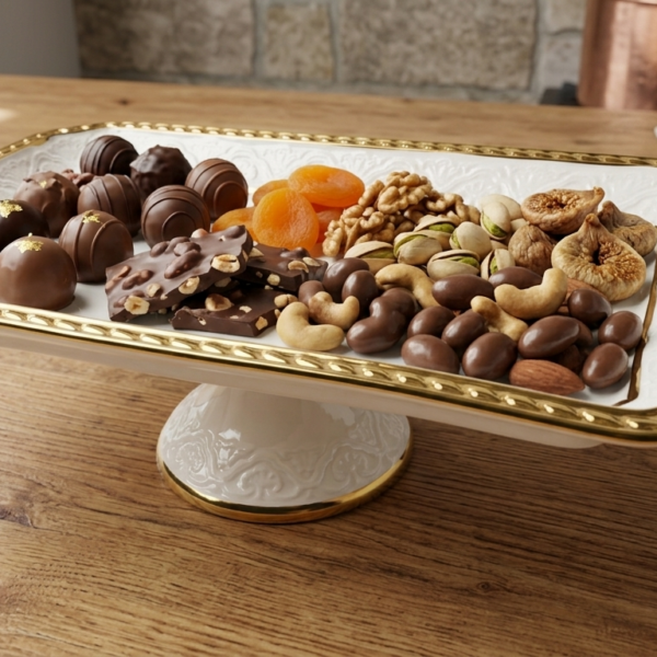 Elegant Ceramic gold-trimmed pedestal serving platter