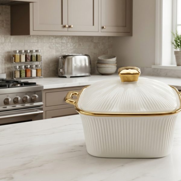 Luxury Ceramic Casserole with Lid & Gold Trim (Small Size)