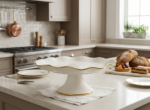 Square Ceramic white pedestal serving bowl with gold trim - Image 2