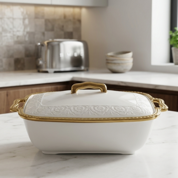 Ceramic Serving Dish with Lid & Gold Handles
