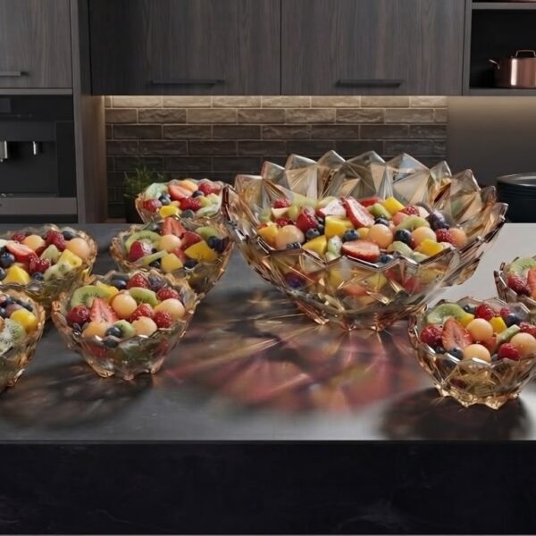 7pc Crystal Cut Glass Bowl Set - Amber