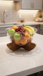 Clear Glass Fruit Bowl with Wooden Stand (9 Inch)