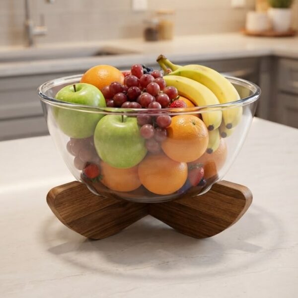 Clear Glass Fruit Bowl with Wooden Stand (9 Inch)
