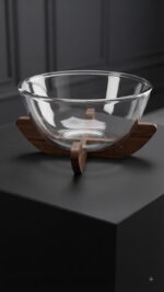 Clear Glass Fruit Bowl with Wooden Stand (9 Inch) - Image 6