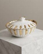 Oval White & Gold Ceramic Casserole with Lid