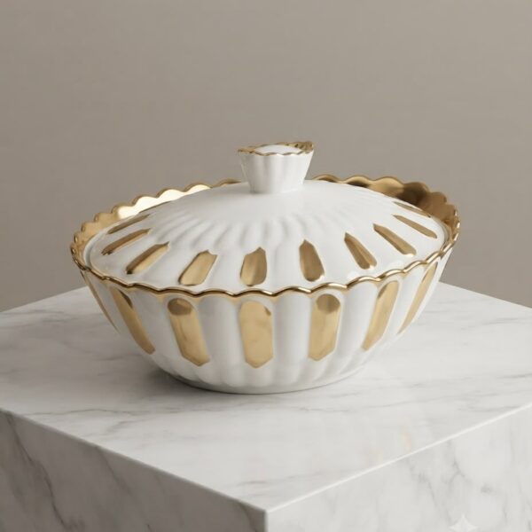 Oval White & Gold Ceramic Casserole with Lid