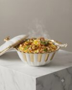 Oval White & Gold Ceramic Casserole with Lid - Image 2