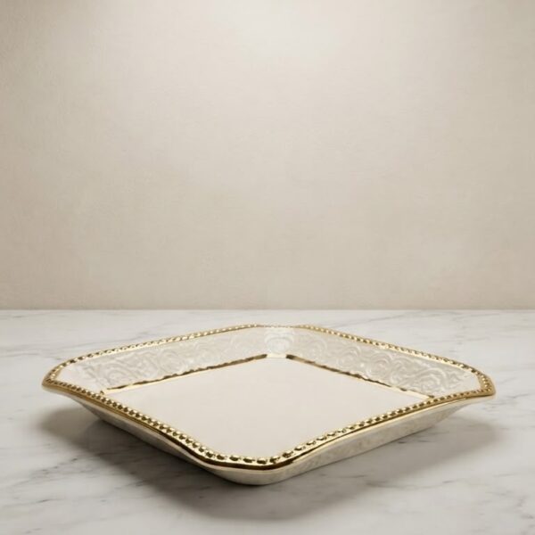 Luxury Square Dry Fruit Tray - White & Gold Ceramic 15*2.5