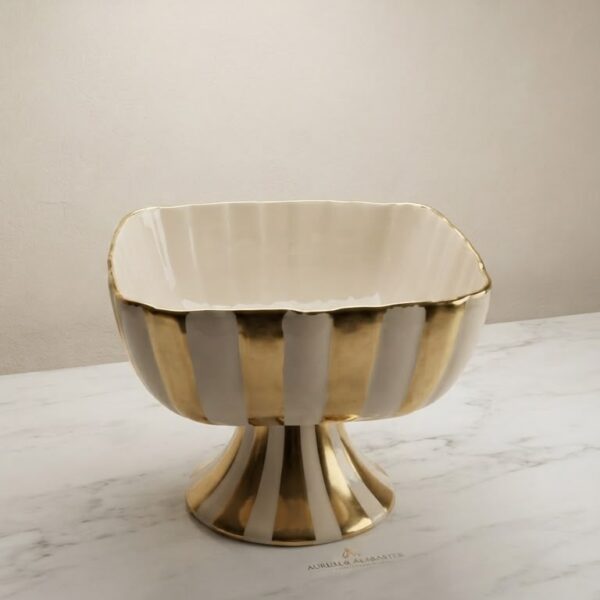 Luxury Gold Striped Pedestal Bowl - White & Gold Ceramic