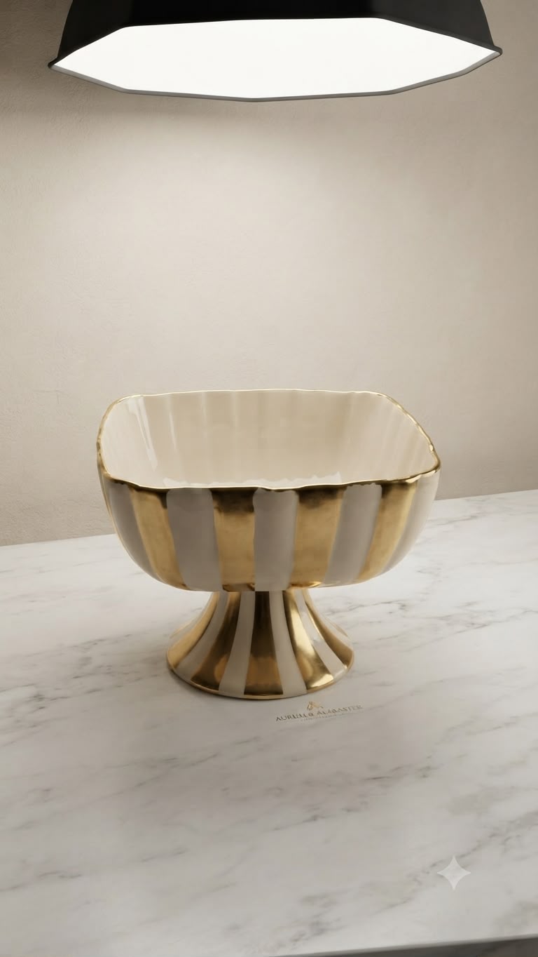 WhatsApp Image 2026-08-22 at 11.58.03 AM Luxury Gold Striped Pedestal Bowl - White & Gold Ceramic - Image 1