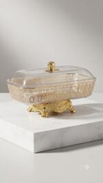 Rectangular PET Fruit Bowl with Gold Stand & Lid - Image 3