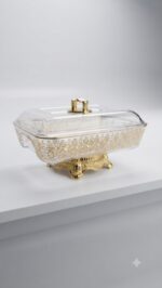 Rectangular PET Fruit Bowl with Gold Stand & Lid