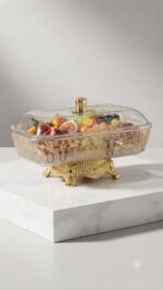 Rectangular PET Fruit Bowl with Gold Stand & Lid - Image 2