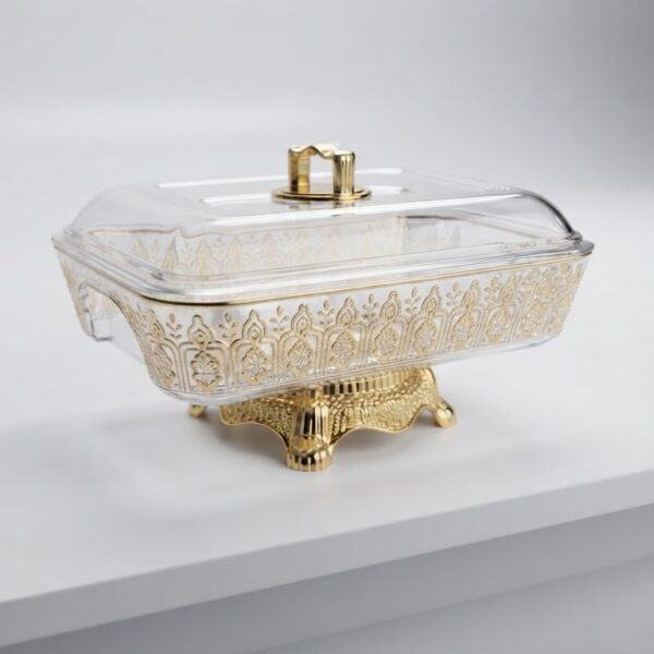 Rectangular PET Fruit Bowl with Gold Stand & Lid