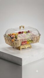 Rectangular PET Fruit Bowl with Gold Palace Design & Lid - Image 3