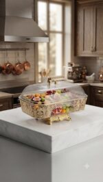 Rectangular PET Fruit Bowl with Gold Palace Design & Lid - Image 2