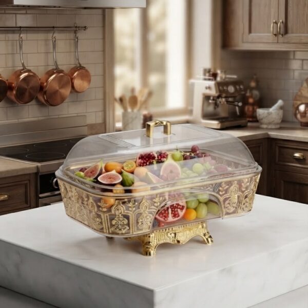 Rectangular PET Fruit Bowl with Gold Palace Design & Lid