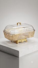 Rectangular PET Fruit Bowl with Gold Palace Design & Lid - Image 4