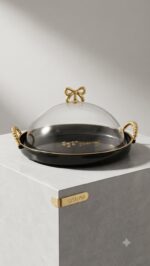 Round Crystal Dome Platter with Gold Bow - Black Tray - Image 2